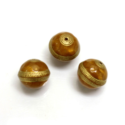 Plastic Engraved Bead -  Gold Tapestry Round 12MM AMBER