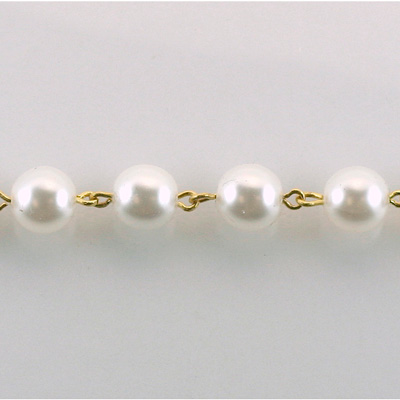 Linked Bead Chain Rosary Style with Glass Pearl Bead - Round 8MM WHITE-GOLD