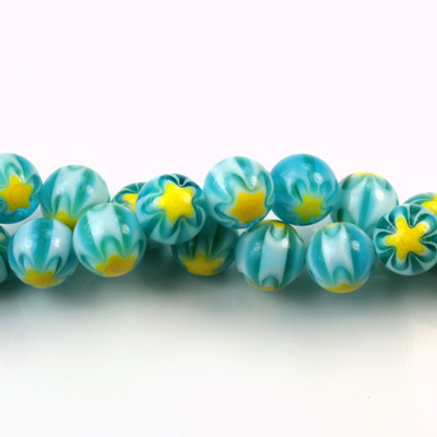 Glass Millefiori Bead - Round 08MM AQUA YELLOW (12)