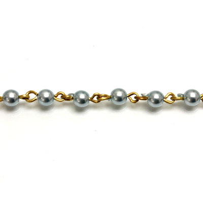 Linked Bead Chain Rosary Style with Glass Pearl Bead - Round 4MM LT BLUE-Brass