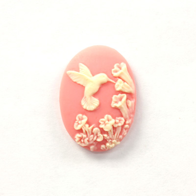 Plastic Cameo - HuMMingbird with Flowers Oval 25x18MM IVORY on PINK