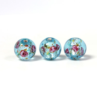 Czech Glass Lampwork Bead - Smooth Round 10MM Flower ON AQUA with  SILVER FOIL