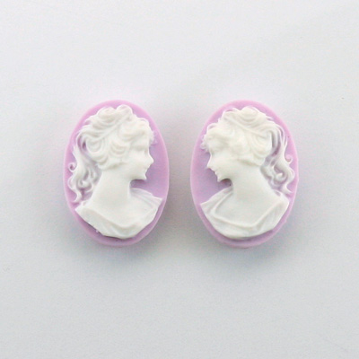 Plastic Cameo - Woman with Ponytail Oval 18x13MM WHITE ON LILAC