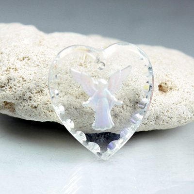 German Glass Engraved Buff Top Intaglio Pendant - Guardian Angel Heart 20x18MM MATTE CRYSTAL AB