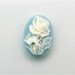 Plastic Cameo - Flower, Rose Oval 25x18MM WHITE ON BLUE