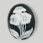 Plastic Cameo - Flowers Oval 40x30MM WHITE ON BLACK