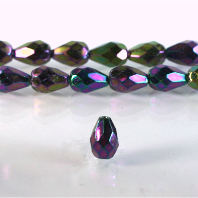 Czech Glass Fire Polish Bead - Pear 10x7MM Full Coated IRIS PURPLE