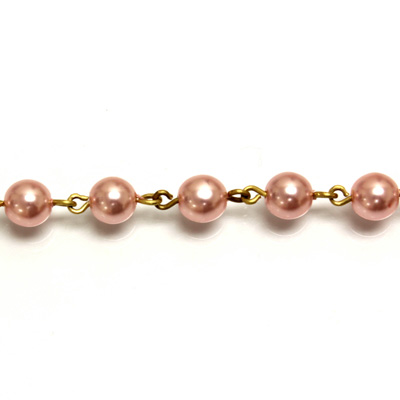 Linked Bead Chain Rosary Style with Glass Pearl Bead - Round 6MM LT PINK-Brass