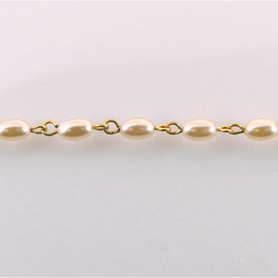 Linked Bead Chain Rosary Style with Glass Pearl Bead - Oval 6MM CREME Brass