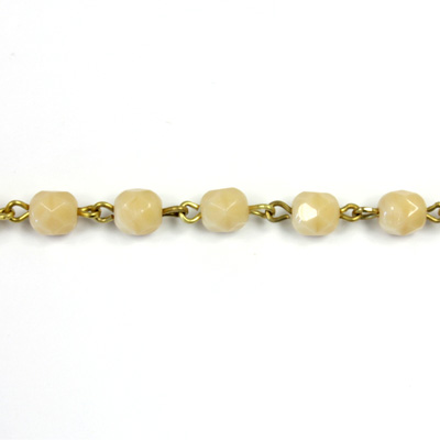 Linked Bead Chain Rosary Style with Glass Fire Polish Bead - Round 6MM DK IVORY-Brass