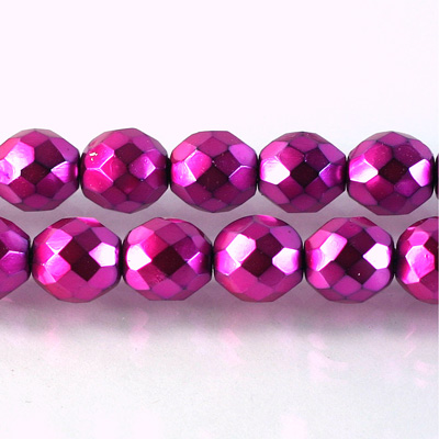 Czech Glass Pearl Faceted Fire Polish Bead - Round 10MM HOT PINK ON BLACK 72195