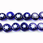 Glass Millefiori Bead - Flat Round 10x4MM BLUE WHITE STAR (08)