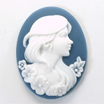Plastic Cameo - Lady with Flowers Oval 40x30MM WHITE ON NAVY BLUE