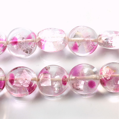 Glass Lampwork Bead - Round Disc 17MM CRYSTAL FOIL PINK