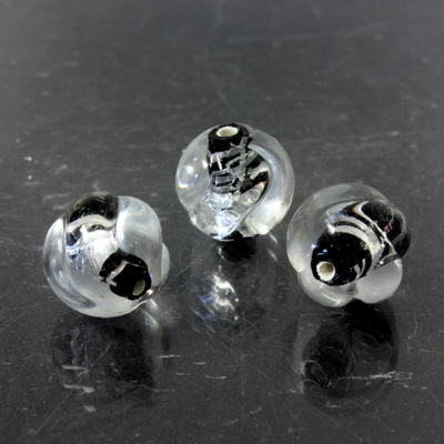 Czech Glass Lampwork Bead - Round Twist 12MM CRYSTAL with JET AND SILVER SWIRL