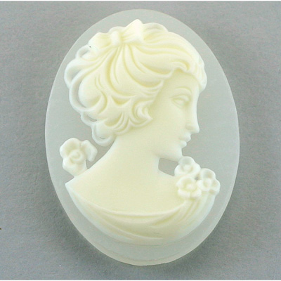 Plastic Cameo - Woman with Bow Oval 40x30MM IVORY ON MATTE CRYSTAL