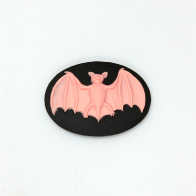 Plastic Cameo - Bat Oval 25x18MM PINK ON BLACK