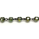 Linked Bead Chain Rosary Style with Glass Fire Polish Bead - Round 6MM GREEN-JET