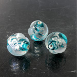 Czech Glass Lampwork Bead - Round Twist 12MM CRYSTAL with EMERALD AND SILVER SWIRL