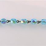 Linked Bead Chain Rosary Style with Glass Fire Polish Bead - Round 6MM AQUA AB-JET