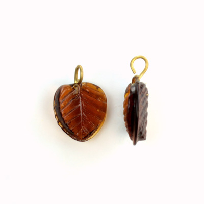 Glass Pendant Leaf with Brass Loop 13x12MM SMOKE TOPAZ