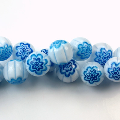 Glass Millefiori Bead - Round 10MM WHITE AQUA (25)