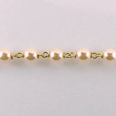 Glass Pearl Linked Bead Chain (with Locked-Link) - Round 6MM CREME-GOLD