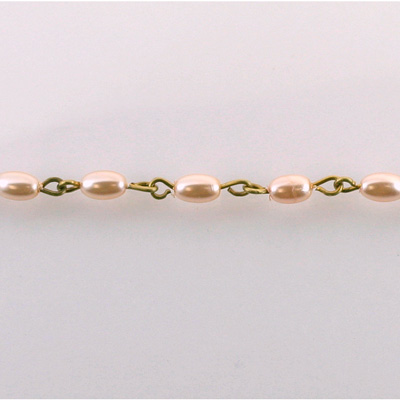 Linked Bead Chain Rosary Style with Glass Pearl Bead - Oval 6MM PINK-Brass