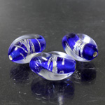 Glass Lampwork Bead - Oval Twist 18x11MM CRYSTAL with SAPPHIRE AND SILVER SWIRL