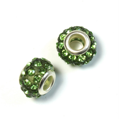 Rhinestone Bead with Large Hole Resin Base and Silver Plated Center - Round 14x9MM PERIDOT on GREEN