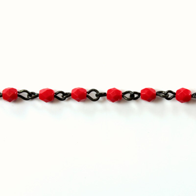 Linked Bead Chain Rosary Style with Glass Fire Polish Bead - Round 4MM RED-JET