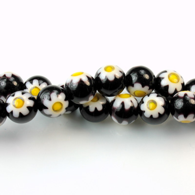 Glass Millefiori Bead - Round 08MM BLACK WHITE YELLOW (08)