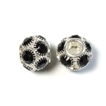 Rhinestone Bead with Large Hole Silver Plated Center - Round 14MM JET SILVER