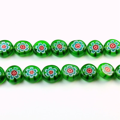 Glass Millefiori Bead - Flat Round 08x4MM GREEN WHITE RED (22)