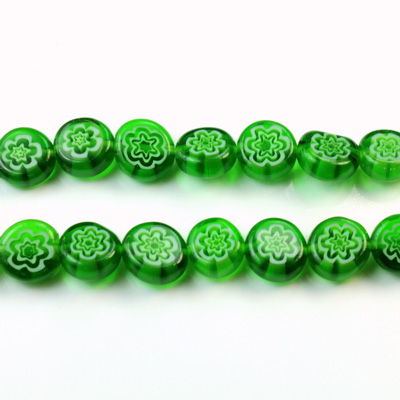 Glass Millefiori Bead - Flat Round 08x4MM GREEN WHITE EMERALD (24)