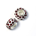 Rhinestone Bead with Large Hole Resin Base and Silver Plated Center - Round 14x9MM RUBY on WHITE