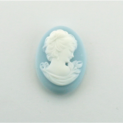 Plastic Cameo - Woman with Drop Earring Oval 25x18MM WHITE ON BLUE