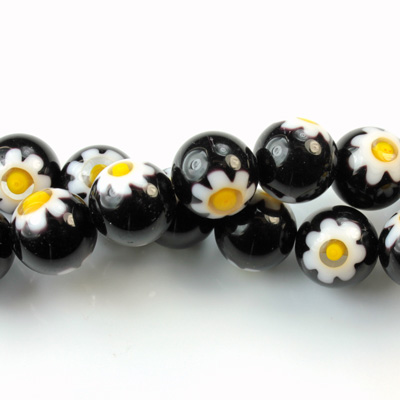 Glass Millefiori Bead - Round 10MM BLACK WHITE YELLOW (08)