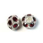 Rhinestone Bead with Large Hole Silver Plated Center - Round 14MM RUBY SILVER