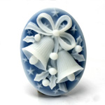 Plastic Cameo - Christmas Bells  Oval 40x30MM WHITE ON ROYAL BLUE