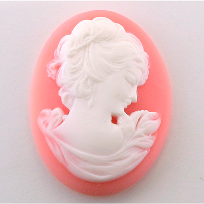 Plastic Cameo - Woman with Drop Earring Oval 40x30MM WHITE ON PINK