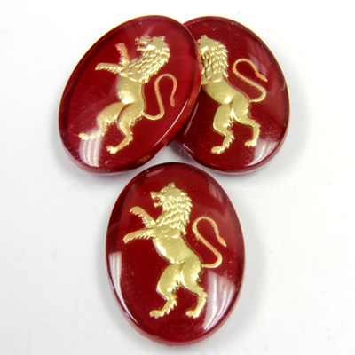 Glass Crystal Painting with Carved Intaglio Lion Oval 25x18MM GOLD on BURGUNDY