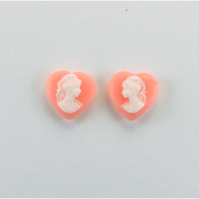 Plastic Cameo - Woman with Ponytail Heart 11x10MM WHITE ON ANGELSKIN