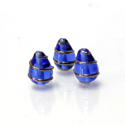 Czech Glass Lampwork Bead - Pear 13x9MM COPPER WRAP COBALT