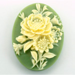Plastic Cameo - Flowers Oval 40x30MM IVORY ON GREEN