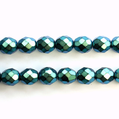 Czech Glass Pearl Faceted Fire Polish Bead - Round 08MM POLYNESIAN GREEN ON BLACK 19044