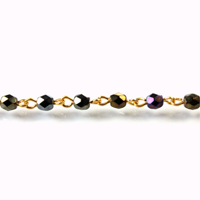 Linked Bead Chain Rosary Style with Glass Fire Polish Bead - Round 4MM IRIS BROWN-GOLD