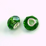 Glass Faceted Bead with Large Hole Silver Plated Center - Round 14x9MM EMERALD