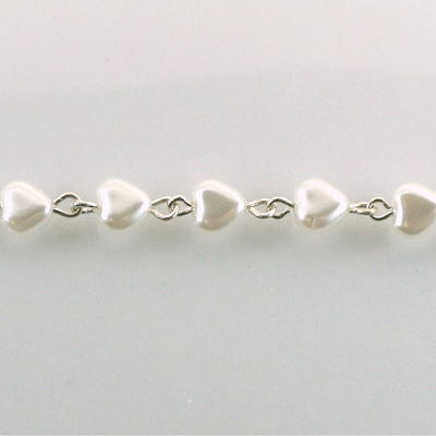 Linked Bead Chain Rosary Style -with Glass Pearl Smooth Bead - Heart 6MM WHITE-SILVER