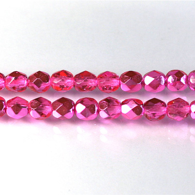Czech Glass Fire Polish Bead - Round 06MM 1/2 Coated CRYSTAL/HOT PINK